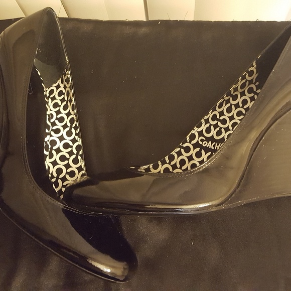 COACH: Black Patient Leather Wedge Heel Shoes - Picture 4 of 6